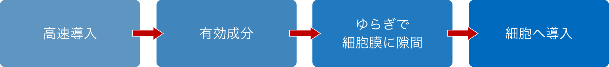 高速導入→有効成分→ゆらぎで細胞膜に隙間→細胞へ導入
